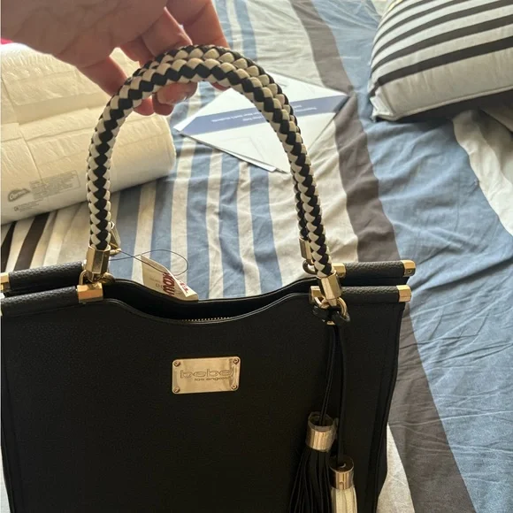 bebe Black and White Tote with Braided Handle - Picture 2 of 4